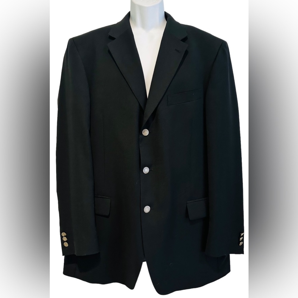 EMANUEL UNGARO MENS BLAZER BLACK SUIT COAT SILVER TONE BUTTONS 44L Long‎